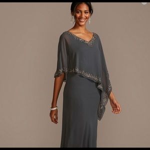 J Kara Beaded Cape Gown- Gray